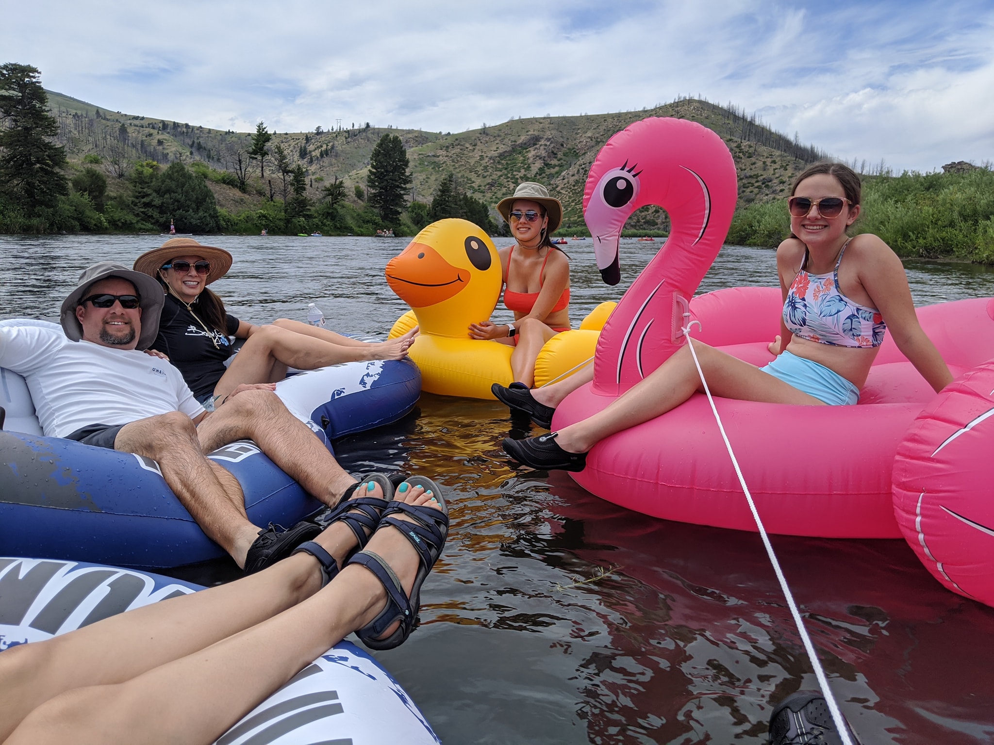 People floating on inner tubes down the calm Madison River in Montana on a sunny day