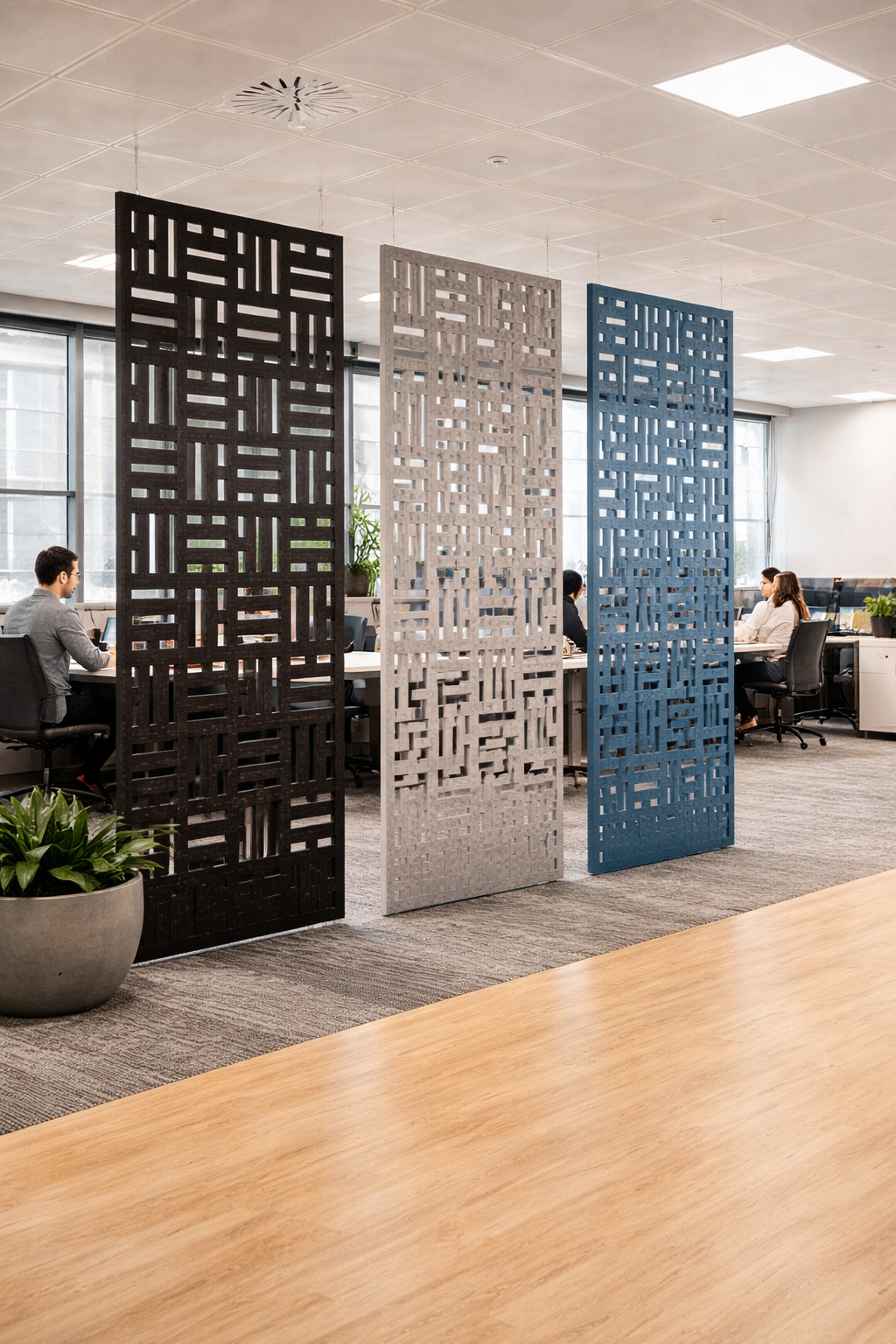 PanelHush PET acoustic hanging panels installed in office interior