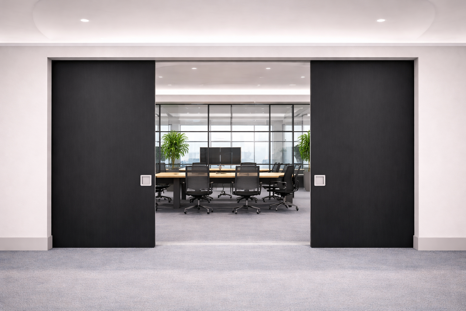MG400 pocket door acoustic system in black office interior