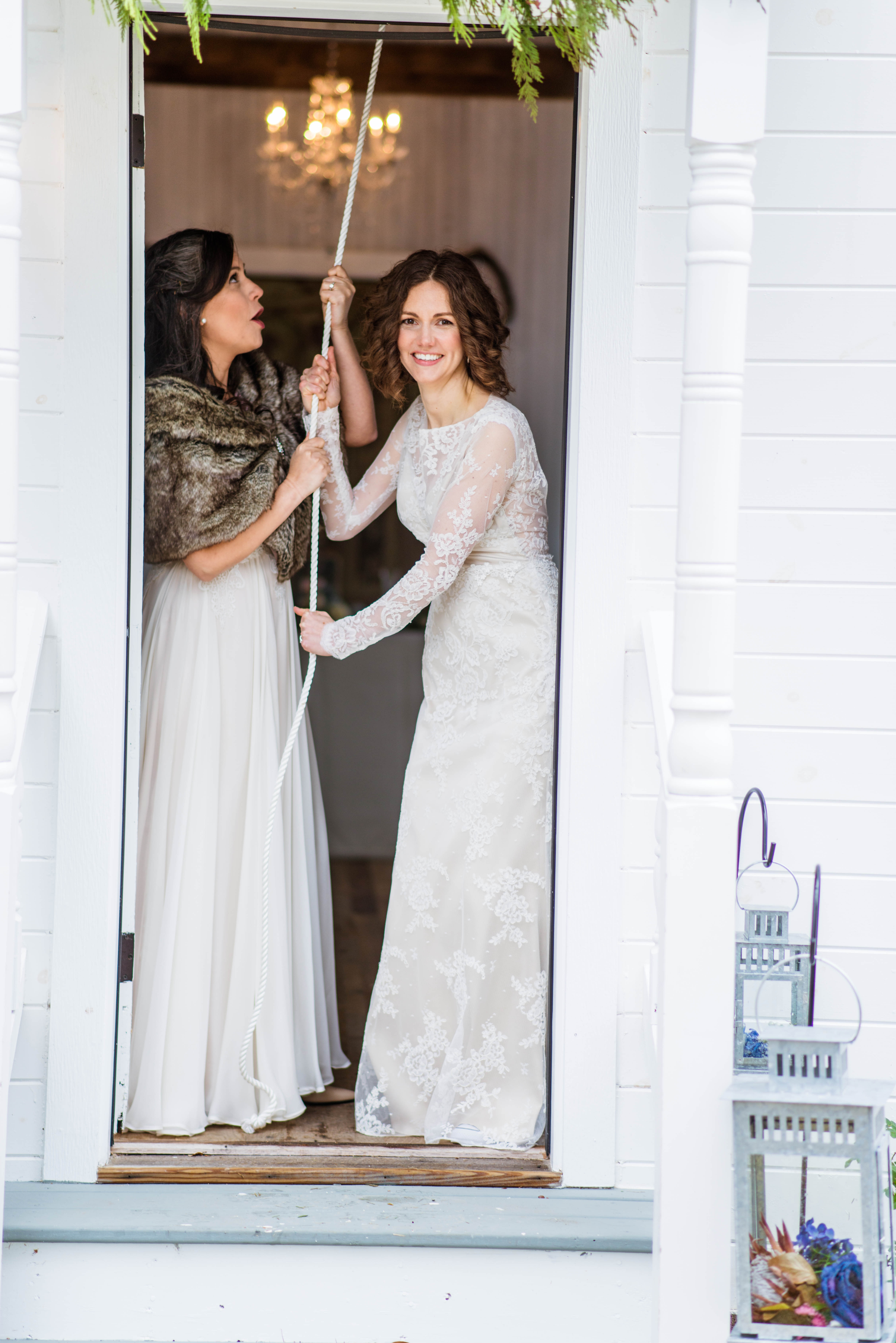 Candid wedding moment — couple laughing together