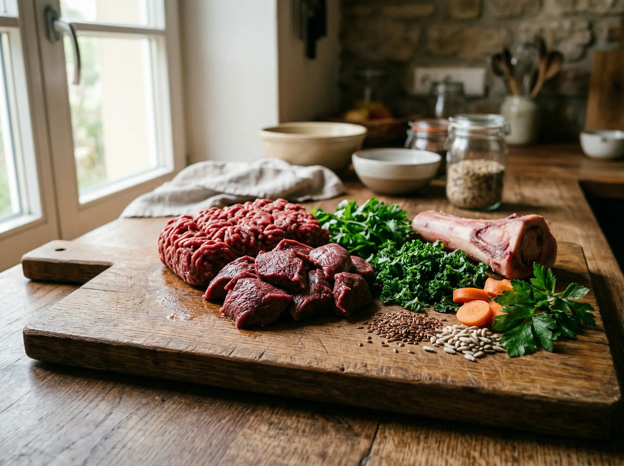 Frische BARF-Zutaten: Rohes Fleisch, Knochen und Gemüse auf einem Holzbrett