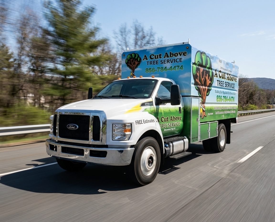 Tree service chip truck traveling to tree removal projects near Lawnside NJ