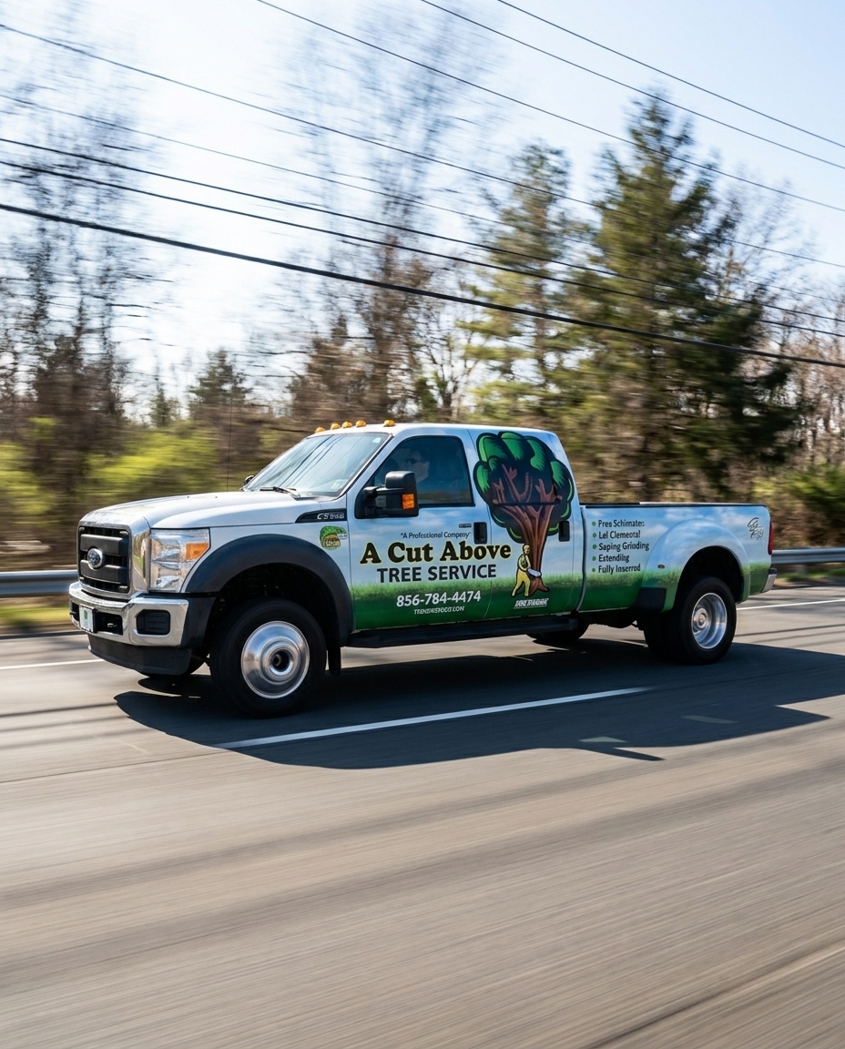 Tree removal crane truck performing large tree removals in Lawnside NJ