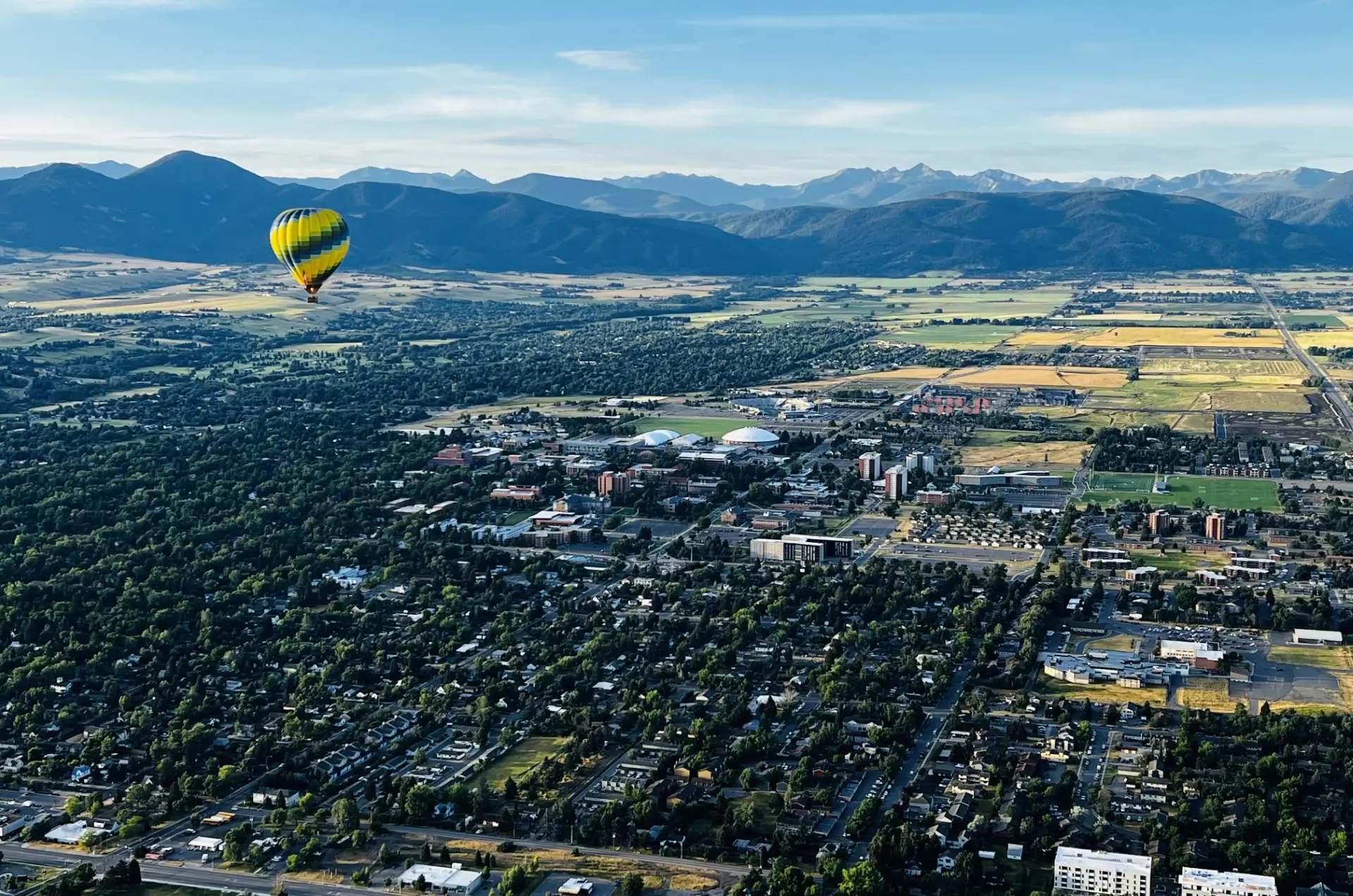 Bozeman Montana view from above with mountain backdrop