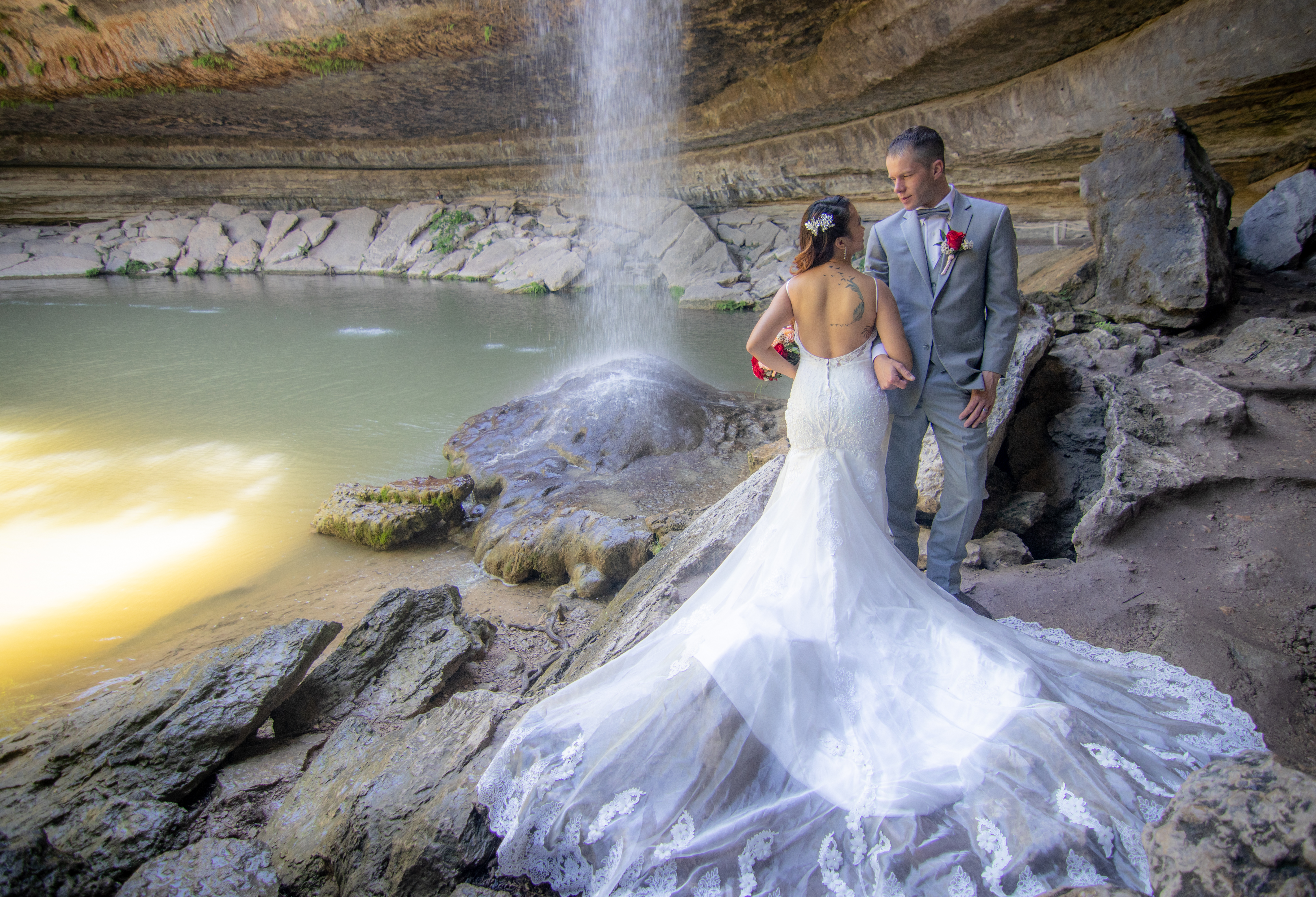 Wedding couple embracing after exchanging vows