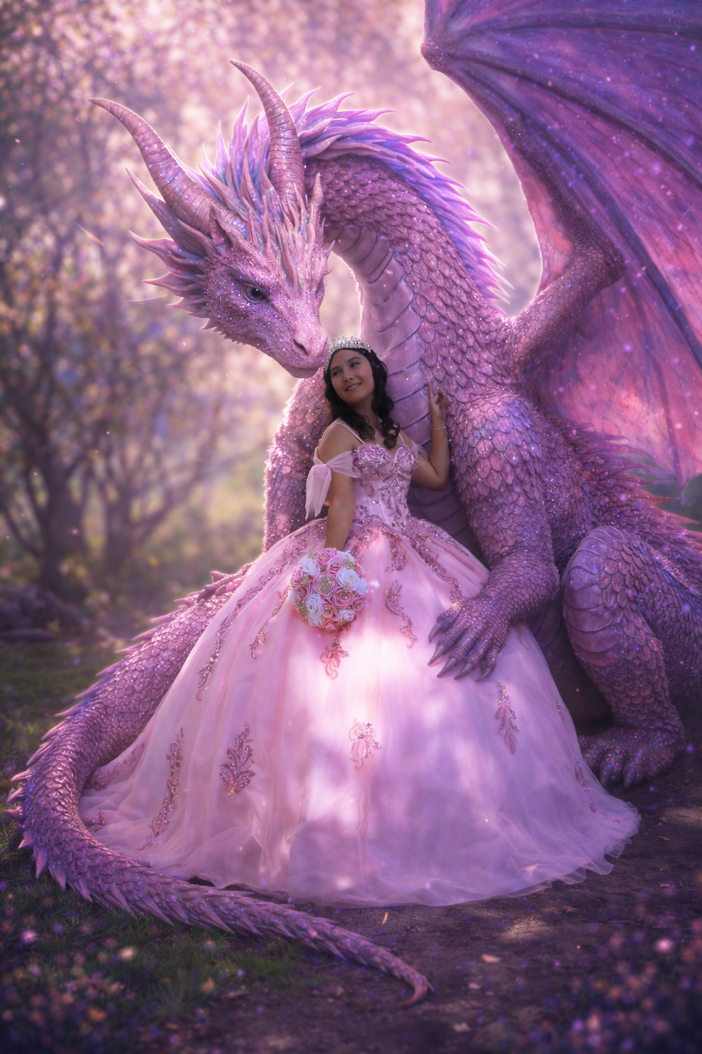 Ariana Ortiz posing in front of a pink dragon backdrop at an event