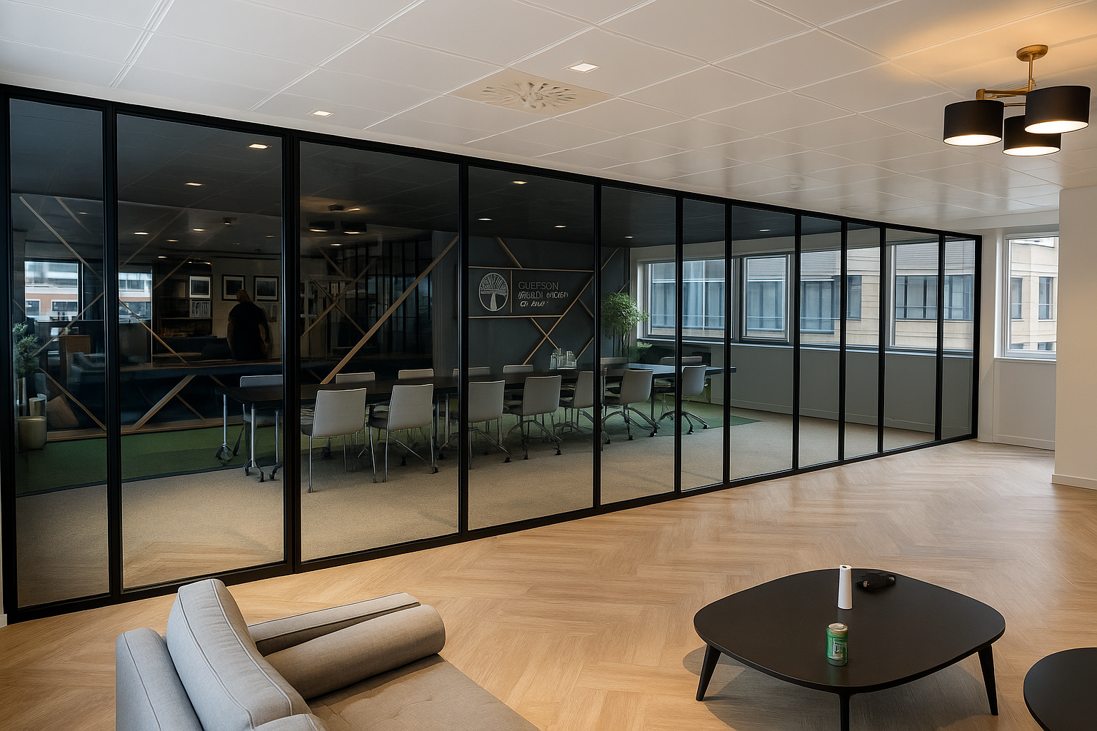 ModernGlide MG900 hinged glazed sliding folding partition — wide installation view