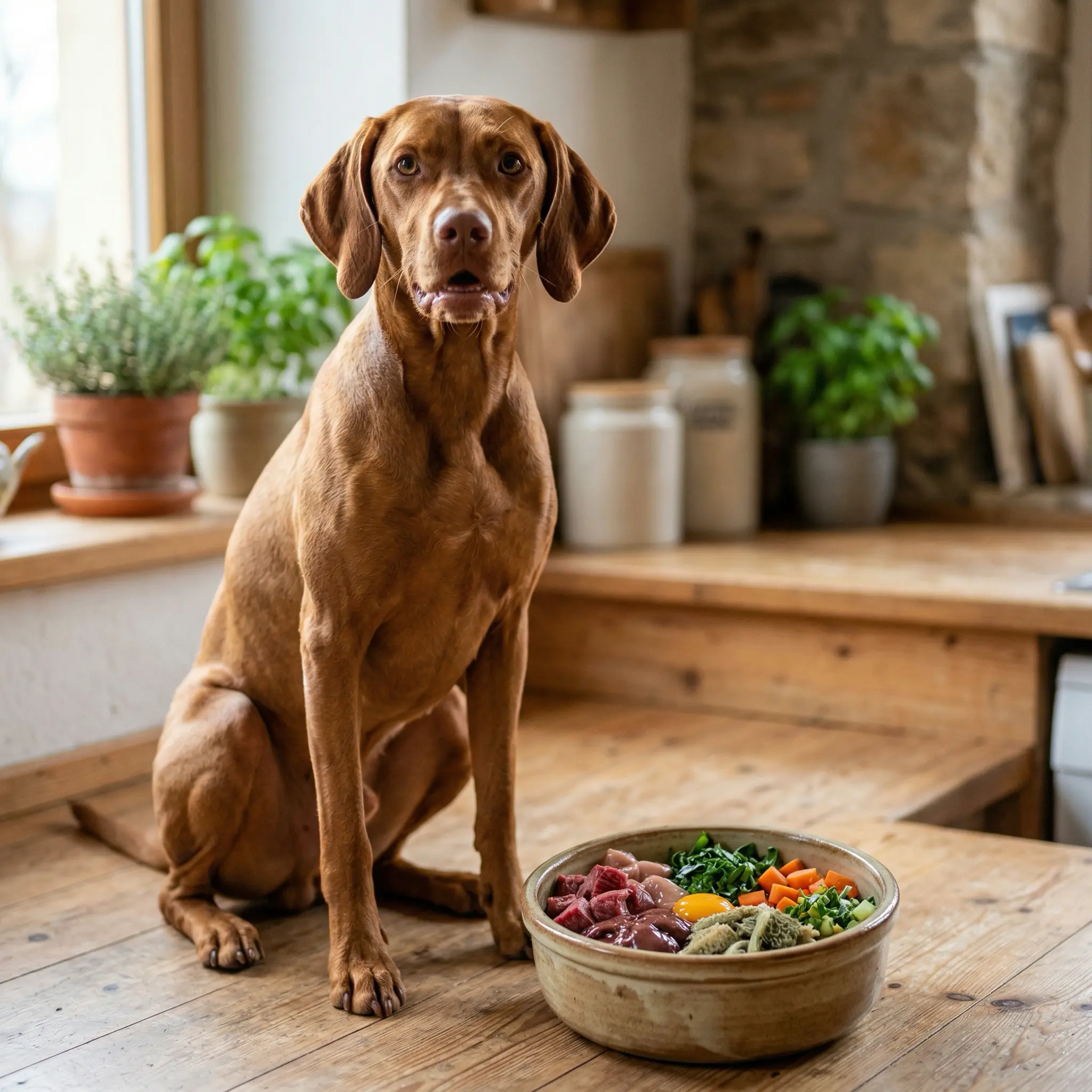 Hund vor einem Napf mit frischem Rohfleisch - natürliche BARF-Ernährung