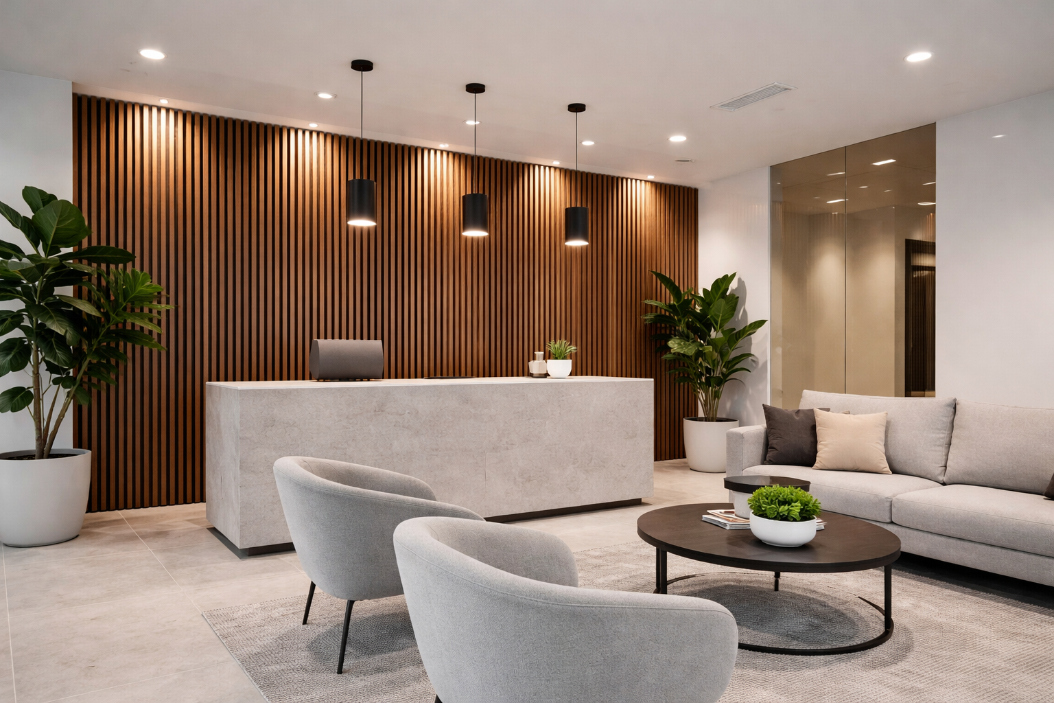 PanelHush PET Wood Effect timber wall slats in reception area