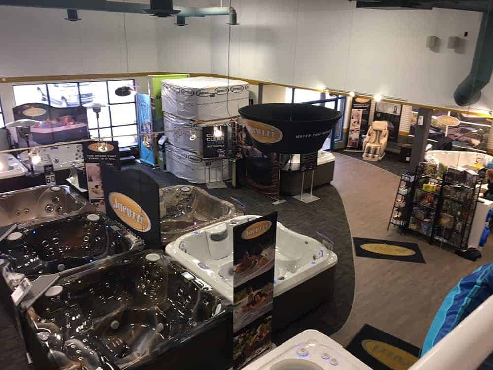 Eden Spas showroom with premium Jacuzzi hot tubs on display