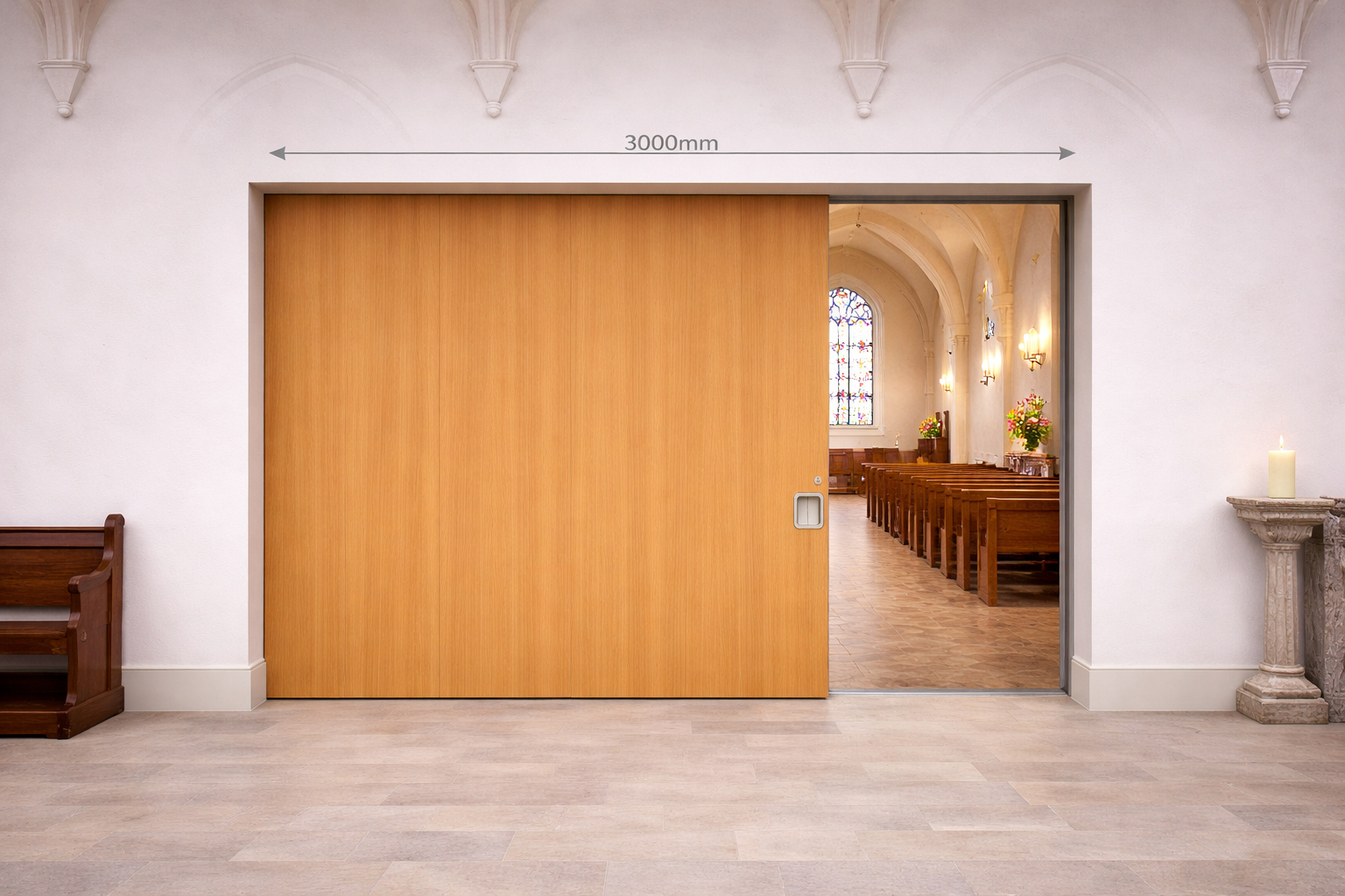 Sliding pocket door installed in a church interior