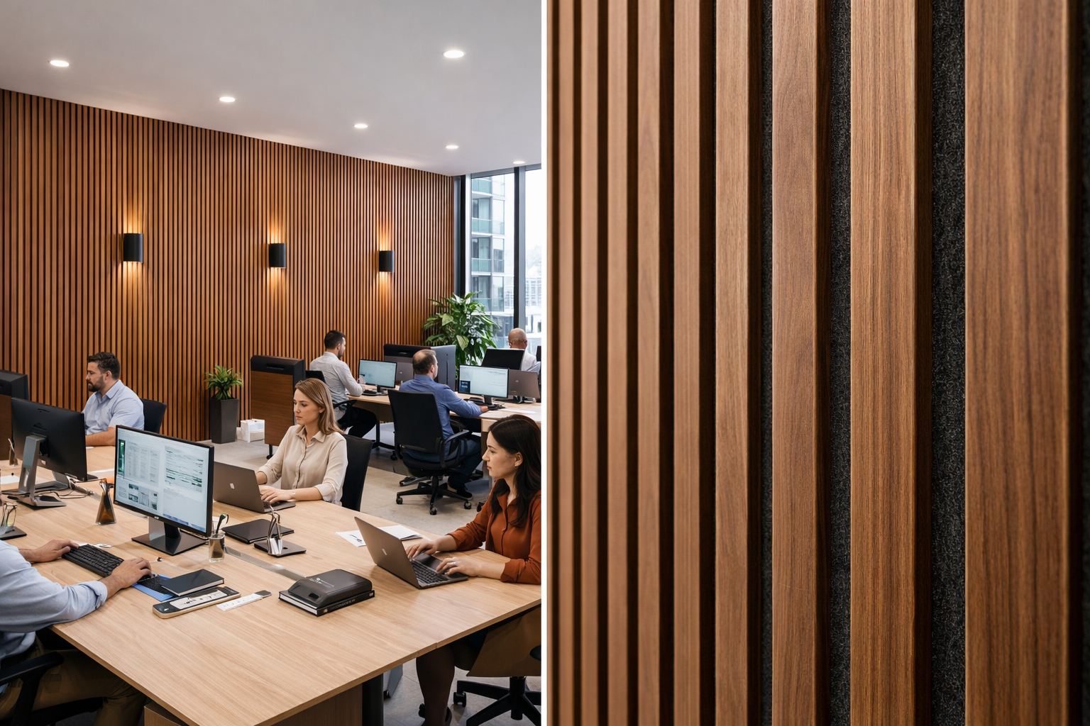 PanelHush PET Wood Effect timber slat panels installed in modern office space