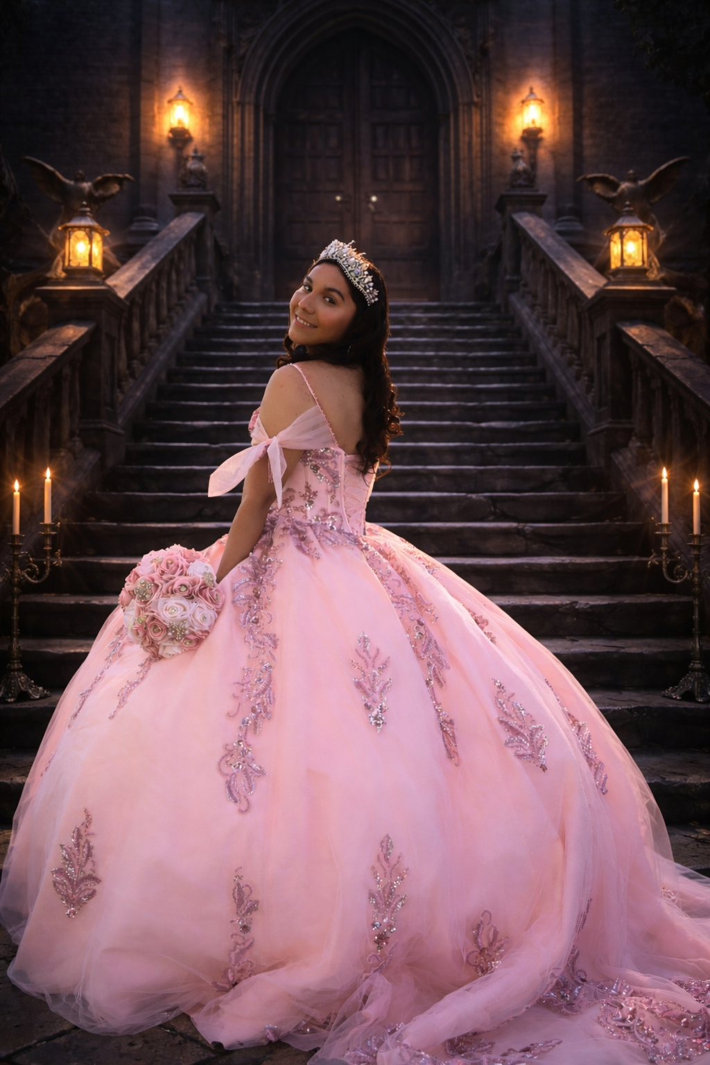 Ariana Ortiz posing on stairs at a GEM Designs Productions event