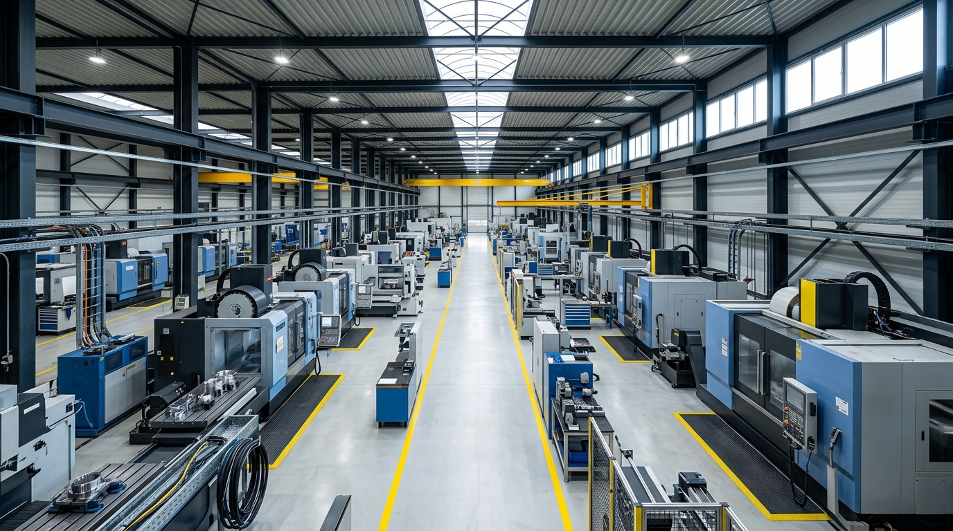 Moderne Produktionshalle mit Maschinen und Sicherheitsmarkierungen