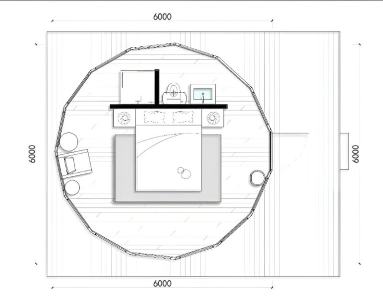 Architectural floor plan showing top-down view of circular dome structure with 6000mm dimensions.