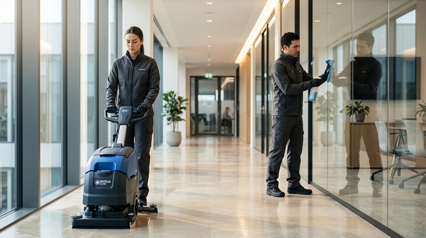 Professionelles Gebäudereinigungsteam bei der Arbeit