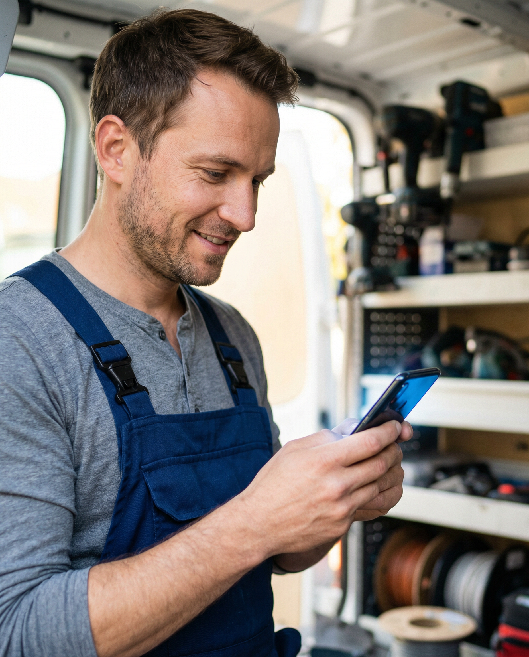 Handwerker erhält Kundenanfragen auf dem Smartphone