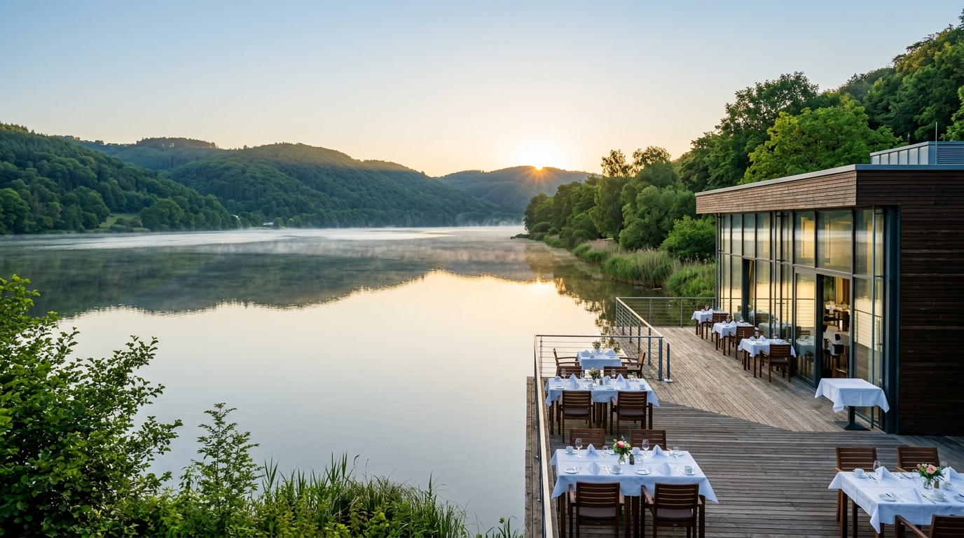 Strandhaus am Hengsteysee bei Sonnenaufgang