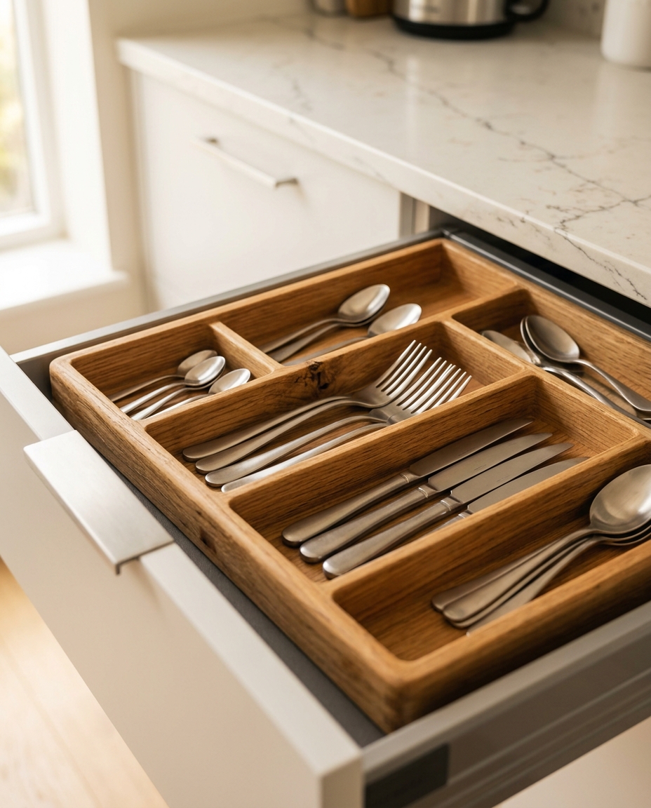 Hochwertige Küchenschublade mit Holz-Innenleben – Detailaufnahme