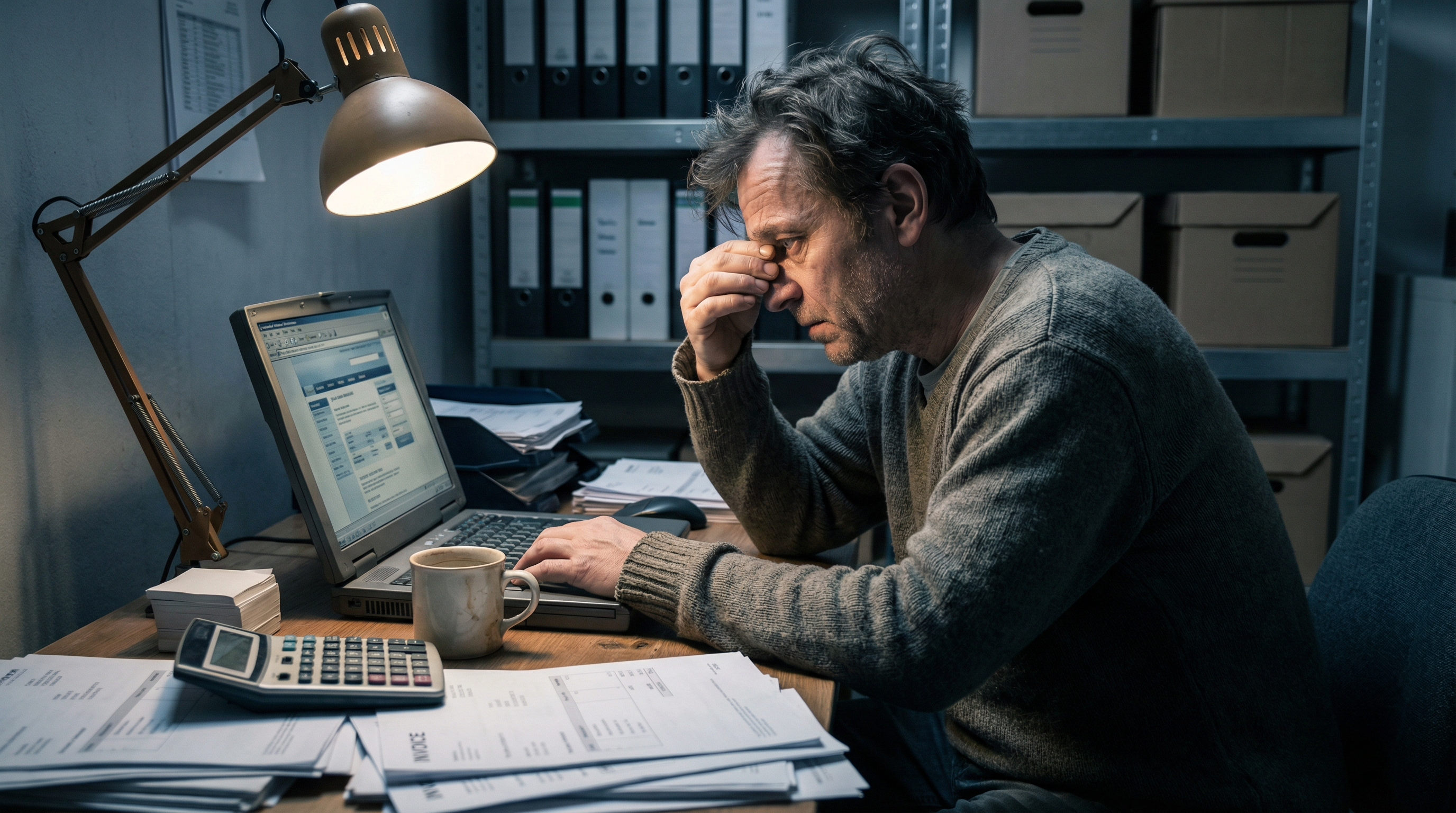 Frustrierter Unternehmer vor altem Laptop