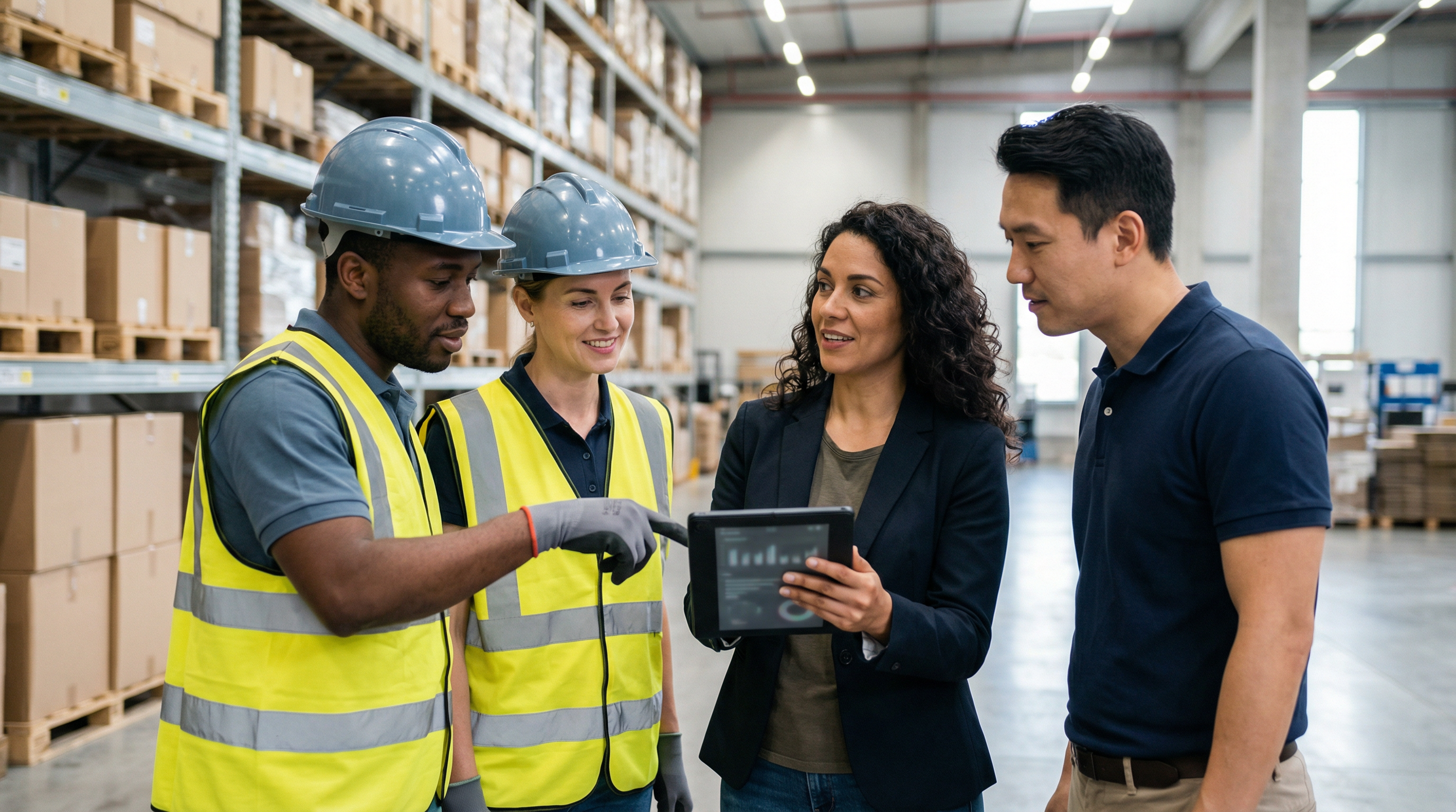 Mitarbeiter nutzen die digitale Sicherheitsunterweisung gemeinsam am Tablet