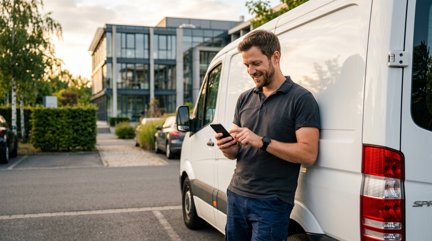 Hausmeister macht Unterweisung am Handy während der Pause