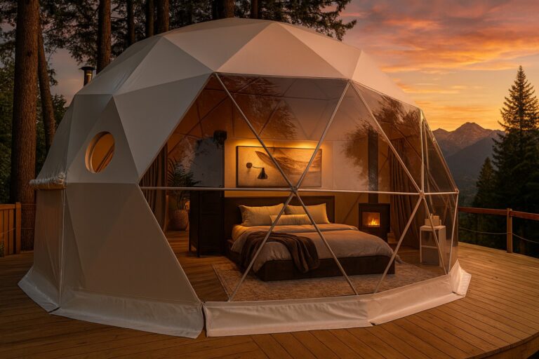 A geodesic dome structure with transparent panels sits on a wooden deck in a forest setting with dramatic orange-pink sunset sky.