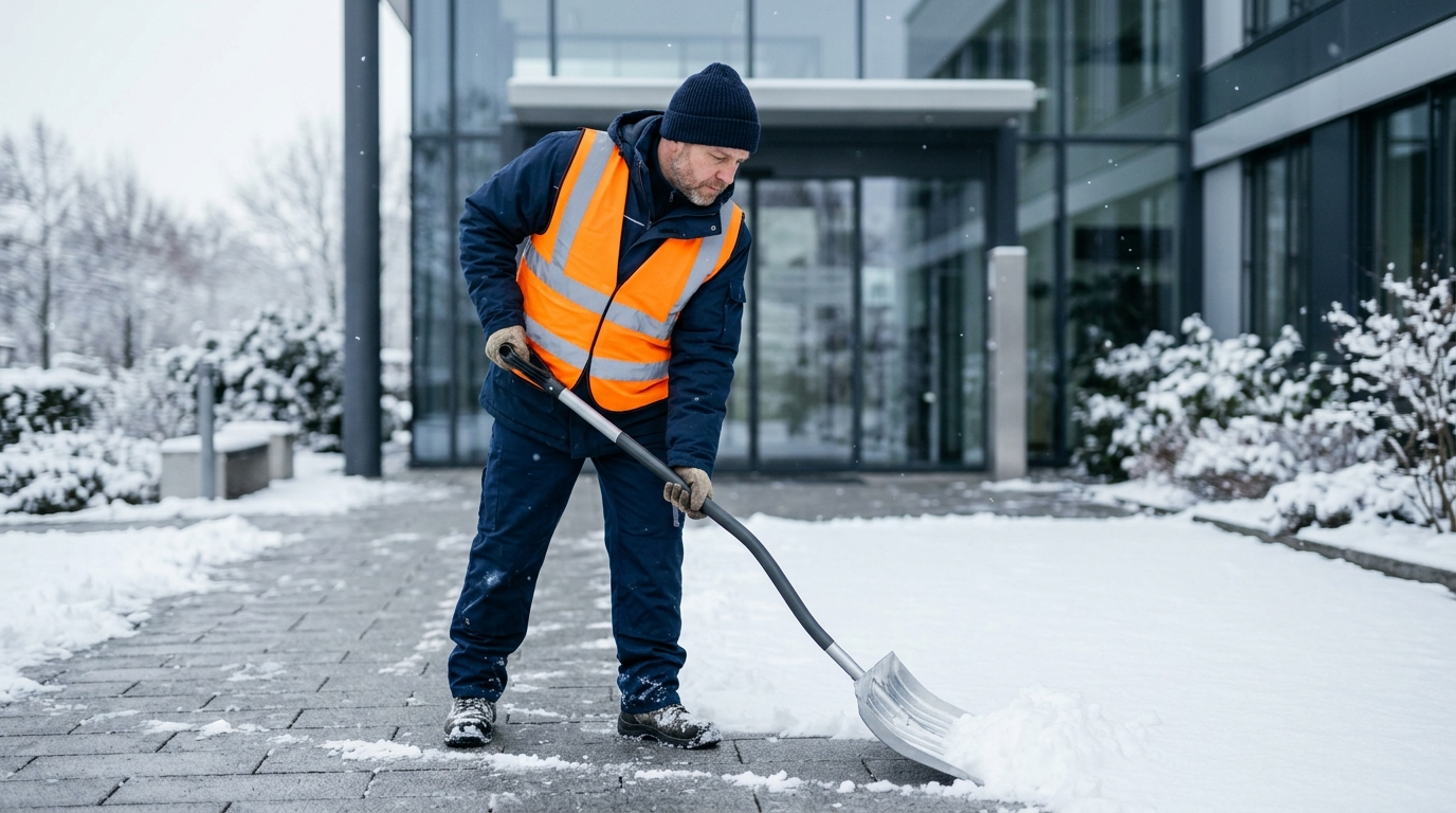 Hausmeister bei der Winterdienst-Arbeit mit Sicherheitsausrüstung
