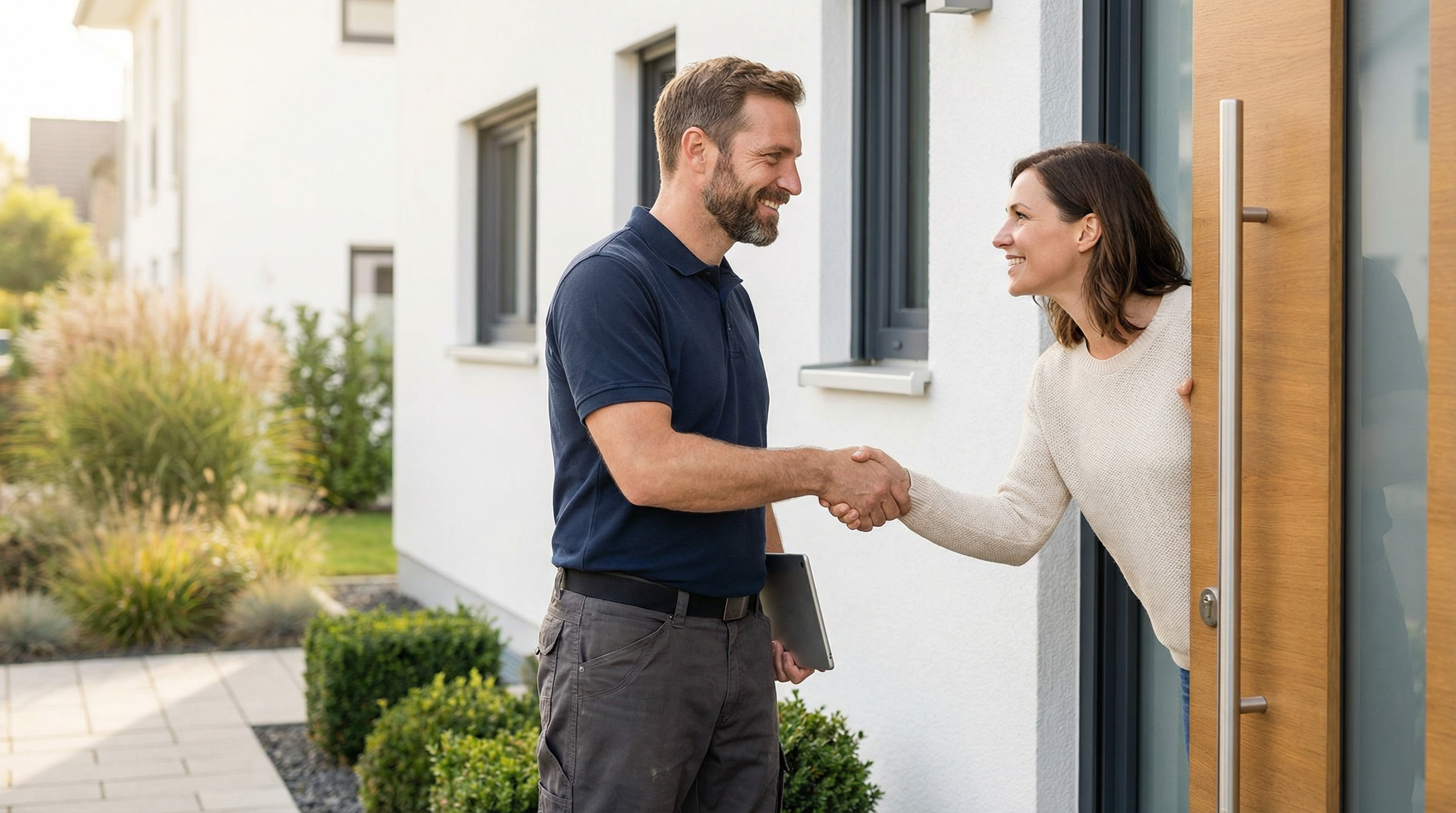 Handwerker begrüßt zufriedenen Kunden an der Haustür
