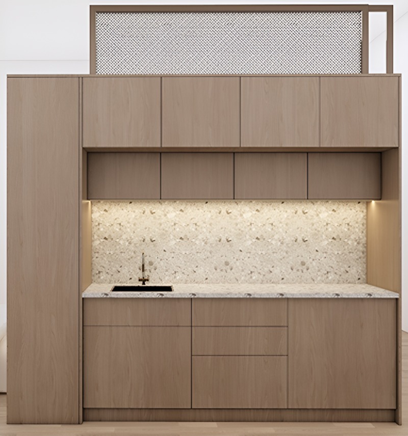 Modern minimalist kitchen design rendering with flat-panel light taupe wood cabinets and LED lighting.