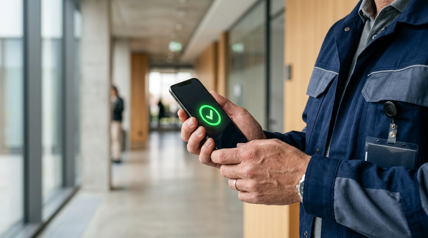 Hausmeister nutzt digitale Unterweisungsplattform am Handy