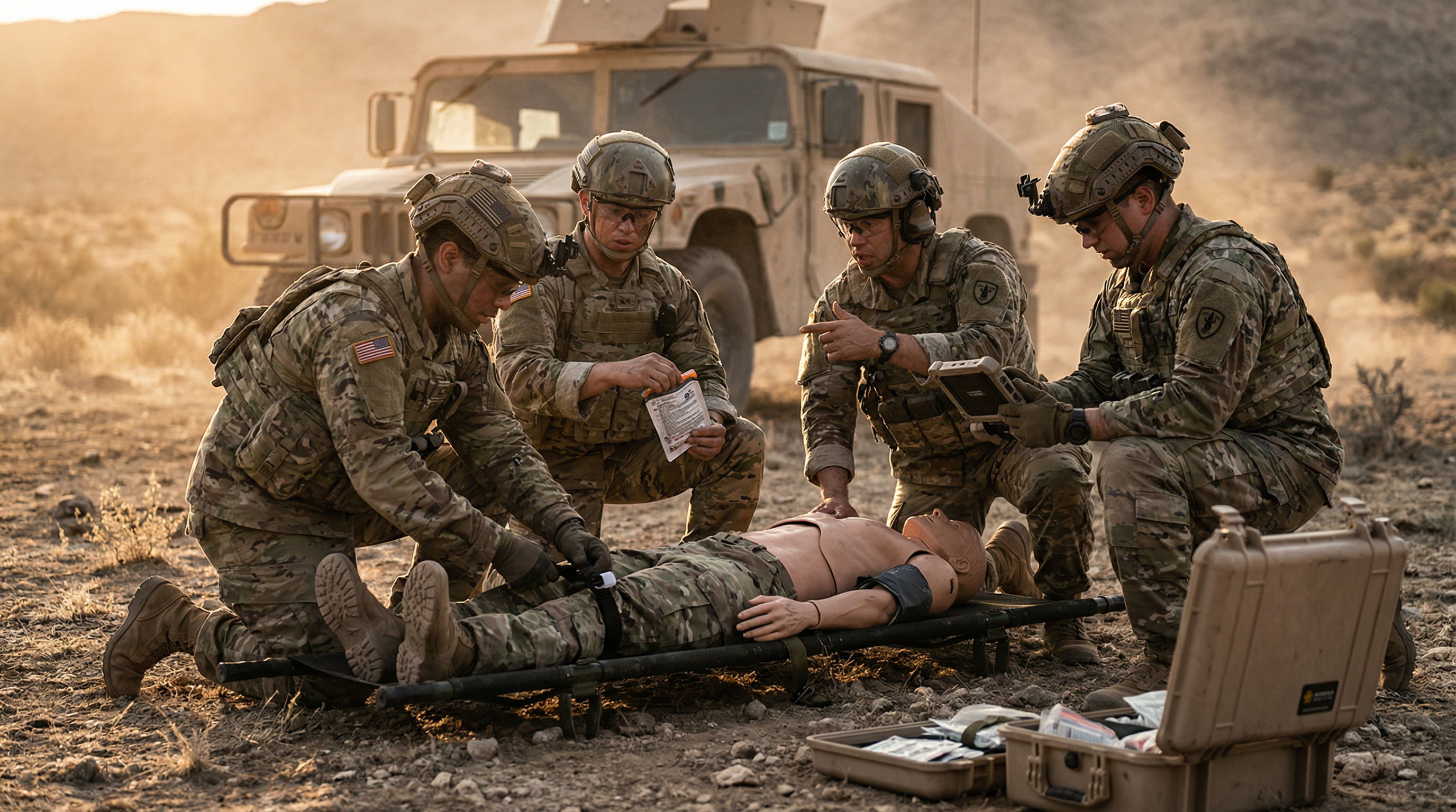 Military team conducting trauma training in field conditions
