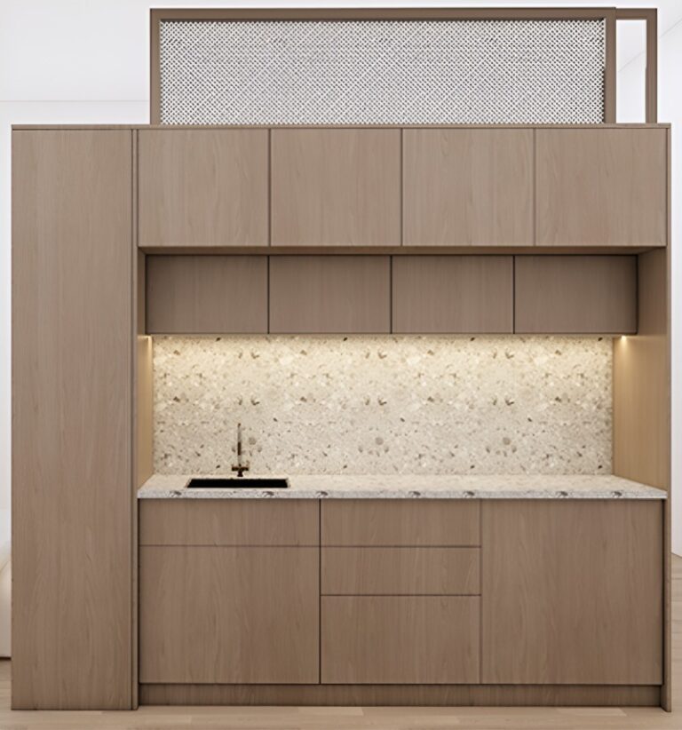 Modern minimalist kitchen unit with light taupe wood-grain cabinets and white terrazzo-style countertop.