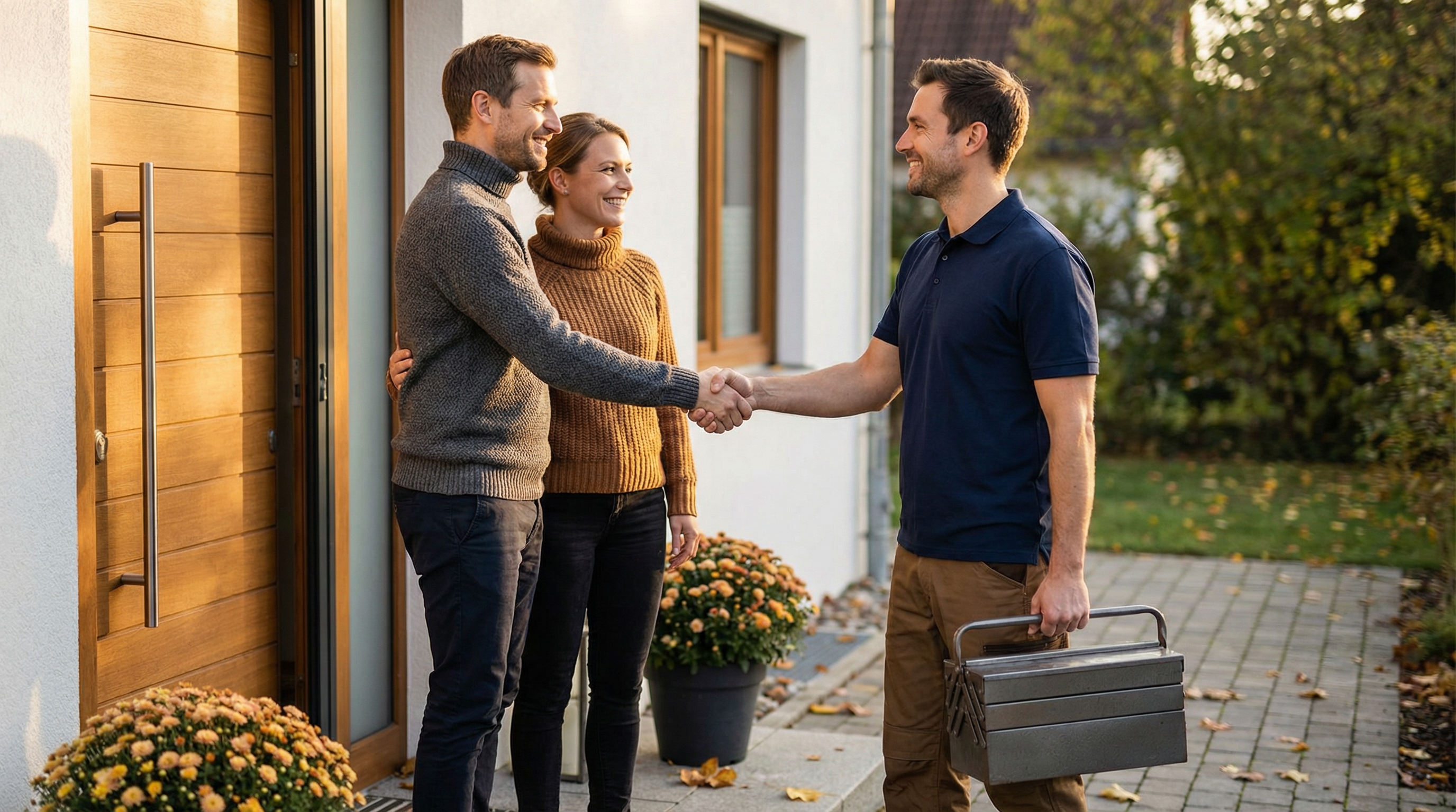 Handwerker begrüßt zufriedenen Kunden an der Haustür