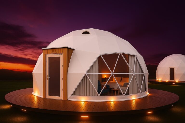 White geodesic dome structure with wooden entrance section and large triangular window panel at twilight with dramatic purple-orange sunset sky.