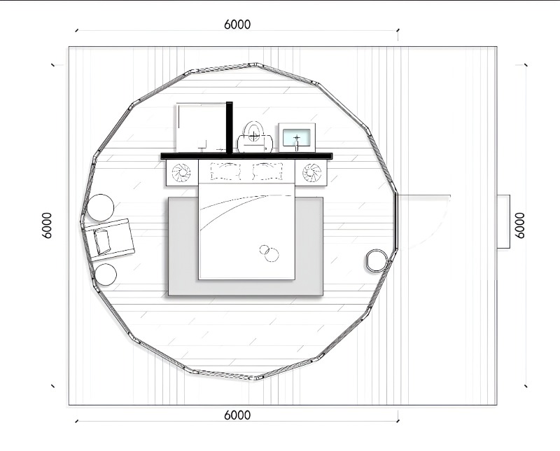 Architectural top-view floor plan showing circular geodesic dome structure measuring 6000mm in diameter.